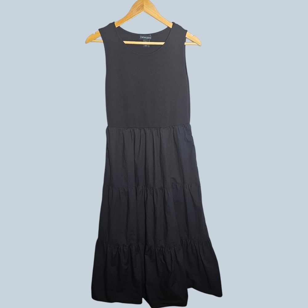 Cynthia Rowley Cotton Tank Midi Dress Womens Medium Black Tiered Pockets Casual - Picture 3 of 7